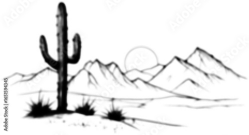 Desert scene with dotted cactus and mountains in black and white illustration