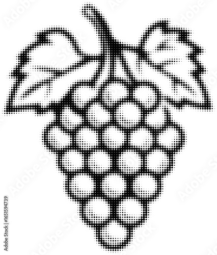 Abstract halftone illustration of grape bunch with leaves in black and white