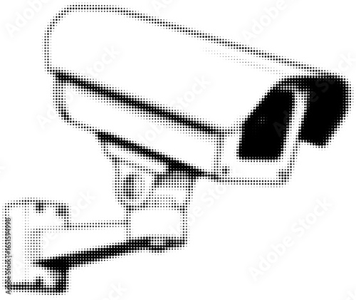 Black and white halftone surveillance camera illustration, privacy concept