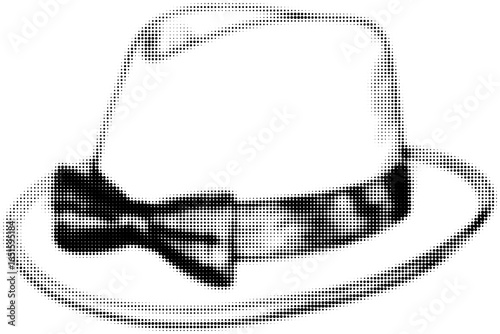 Black and white halftone fedora with a bow tie design, retro art style