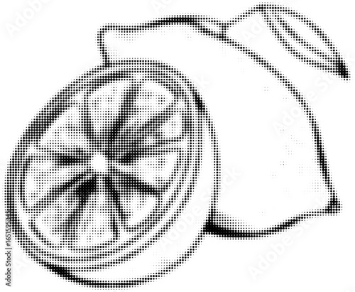 Halftone design of sliced lemon with geometric dot pattern, artistic illustration