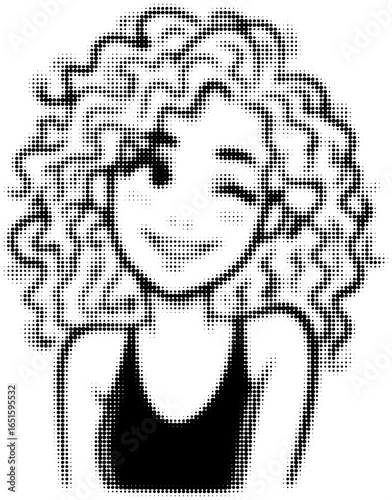 Halftone illustration of a smiling woman with curly hair and winking expression