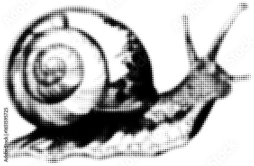 Halftone graphic of a detailed snail in black and white, digital art concept