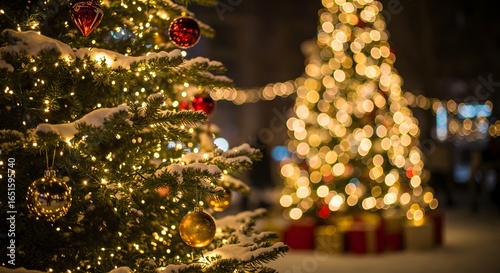 Lit Christmas trees adorned with snow and ornaments are set against a dark backdrop with blurred lights