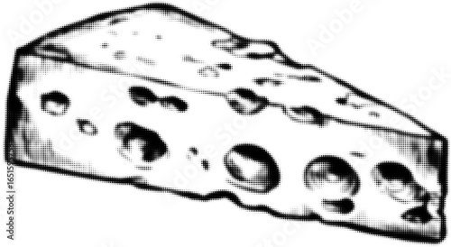 Black and white illustration of Swiss cheese wedge with holes