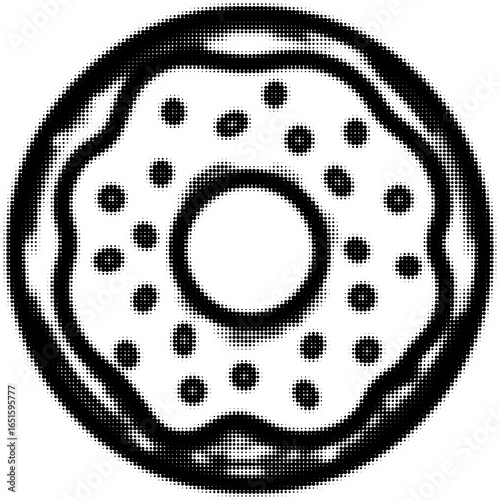 Black dotted halftone pattern of a donut with a hole and sprinkles