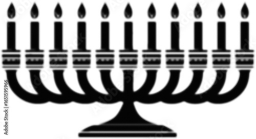 Black silhouette of a nine-branched menorah with lit candles, symbol of hanukkah