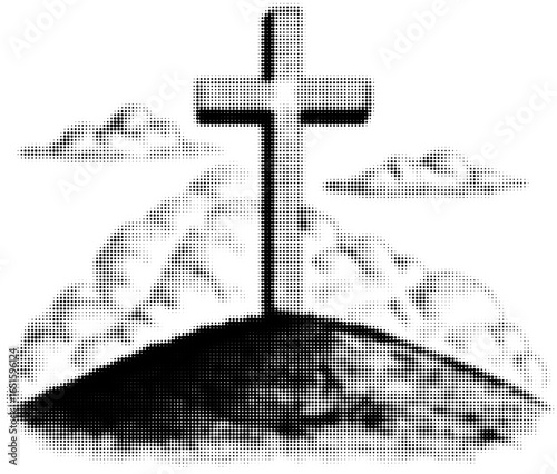 Cross on hill with clouds in dot art style, religious symbolism concept