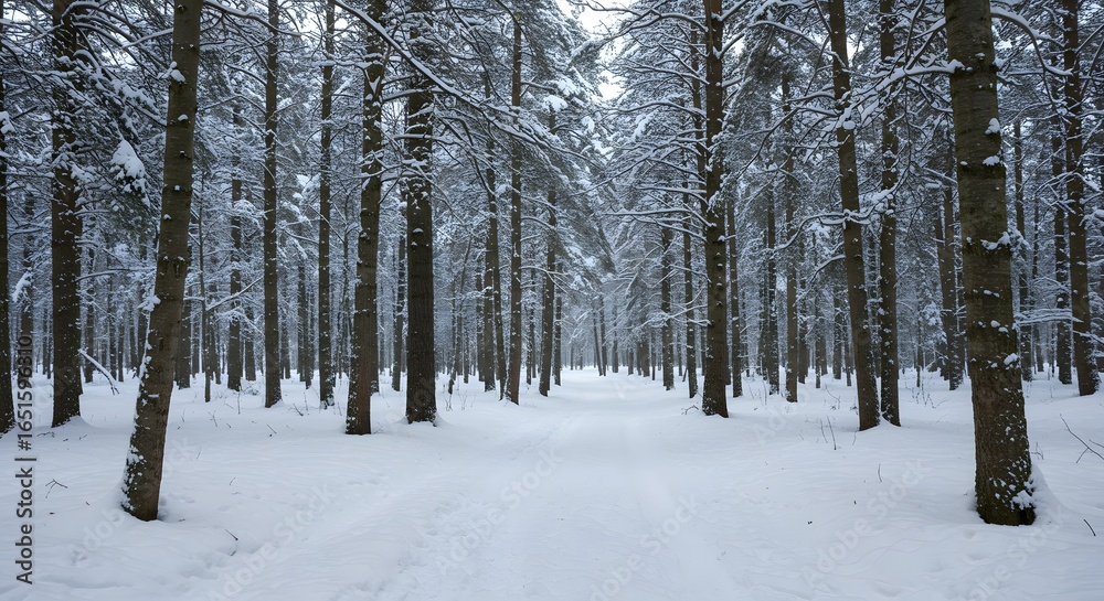 Naklejka premium Snowcovered forest path lined with dense bare trees creating a wintry landscape