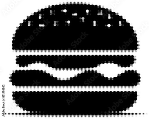 Silhouette of a hamburger in black and white with dotted halftone effect