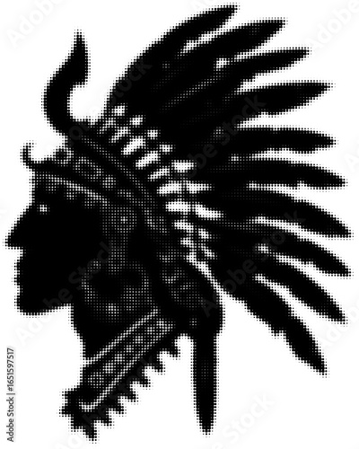 Silhouette of a warrior with feathered headdress in black and white art