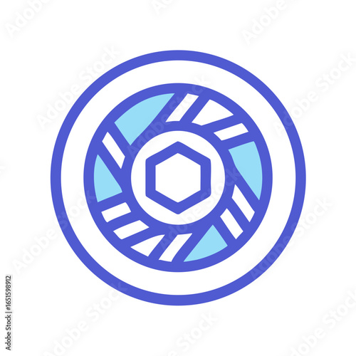 Abstract circular diaphragm illustration with geometric shapes in blue tones isolated on black background.