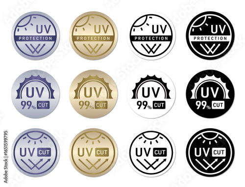UVカットのアイコンとデザインセット（UV 太陽光 日焼け止め 紫外線 紫外線カット 紫外線対策 UV protection ベクター 編集可能）
