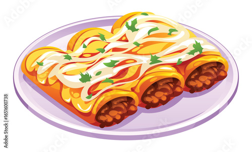 Delicious beef enchiladas covered in cheese sauce and fresh cilantro on a white plate. Vector cartoon illustration