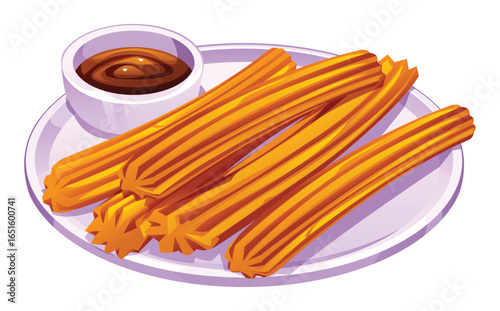 A plate of delicious churros with a chocolate dipping sauce, a popular Mexican dessert. Vector cartoon illustration