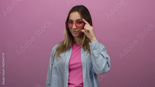 Woman posing confidently with pink sunglasses over a vibrant pink background, exuding a playful and stylish vibe with a casual denim shirt.