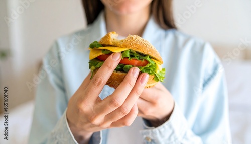 Woman holding burger Close up shot of sandwich with bite taken healthy eating concept high quality professional