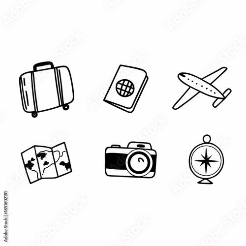 Travel icons set featuring suitcase, passport, airplane, map, camera, and compass isolated on white background, perfect for tourism and vacation themes