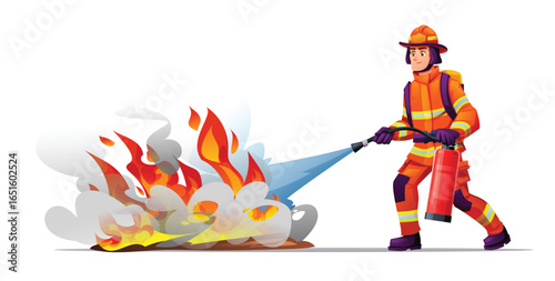 Fireman uses a fire extinguisher to put out a fire, creating smoke and steam as the flames diminish. Vector cartoon character illustration