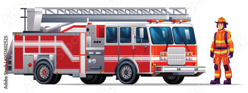 Firefighter stands next to a fire truck with a ladder on top, ready to respond to an emergency. Vector cartoon illustration