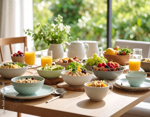Wallpaper Mural Healthy Breakfast Table with Oatmeal, Fruits, and Green Tea Torontodigital.ca