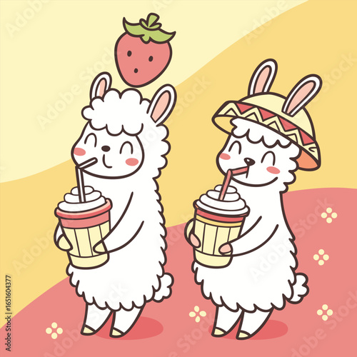 cute alpacas drinking milkshake with strawberry decoration