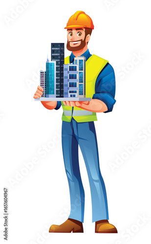 Bearded male engineer holding a scale model of modern buildings or skyscrapers on his hand. Vector cartoon character illustration