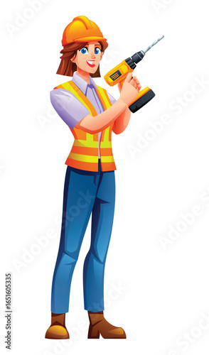Female engineer wearing a hardhat and reflective vest holding a cordless drill. Vector cartoon character illustration
