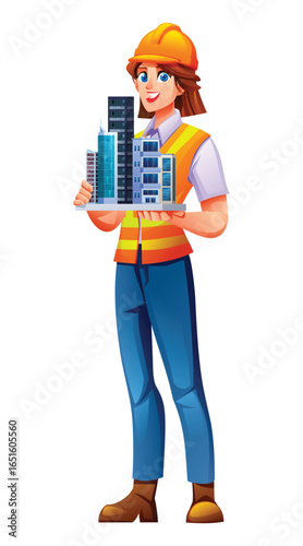 Female engineer holding a scale model of modern buildings or skyscrapers on a tray on her hands. Vector cartoon character illustration