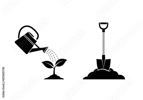 Cultivating Growth: Watering Can Nurturing Sprout Beside Shovel Embedded in Soil Iconography