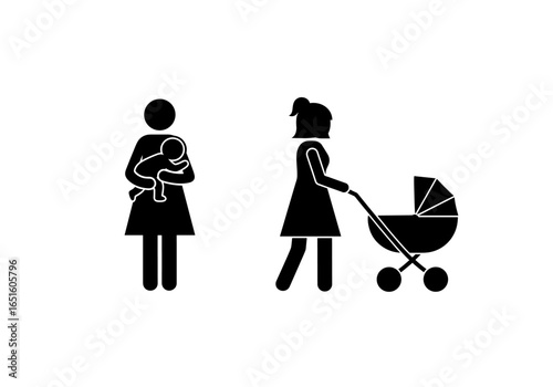 Two mothers caring for their babies, one holding and other pushing a stroller