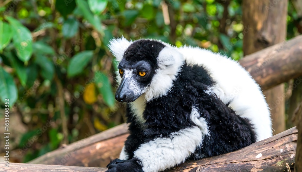 Naklejka premium Black and white lemur resting on a branch.
