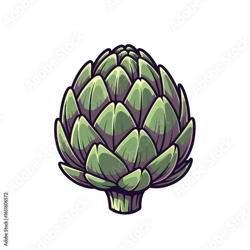 A vibrant illustration of a single artichoke, showcasing its detailed texture and rich green hues.