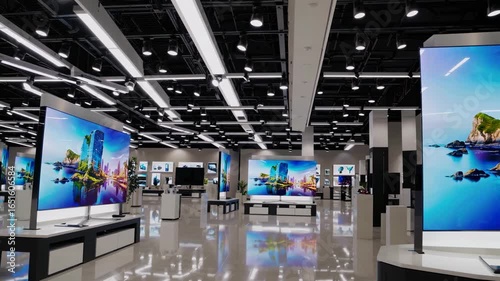 A Spacious Electronics Store Displaying Large TVs and Screens Under Bright Ceiling Lights, Offering a Modern and Well Organized Shopping Environment
