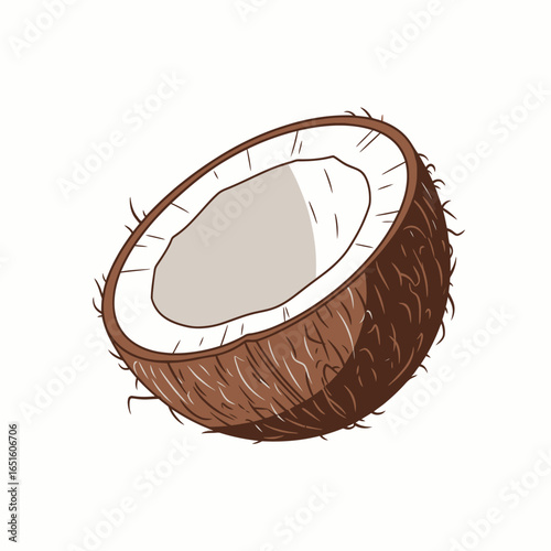 Illustration of a halved coconut showing the brown hairy husk and white flesh against a plain background.