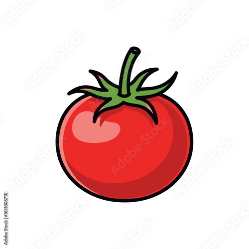 Illustration of a ripe red tomato with a green stem and leaves, isolated on a white background.
