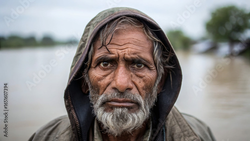 Flood victims need urgent assistance. A somber elderly man with a weathered face stands against a flood backdrop.