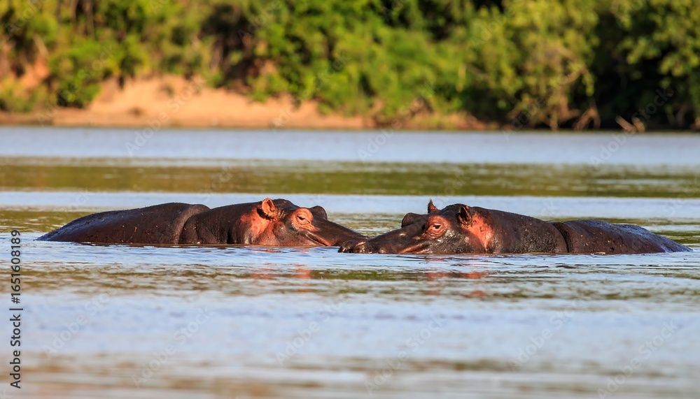 Fototapeta premium Two hippos resting in a river.