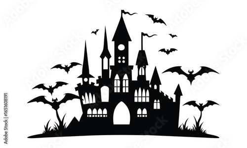 Spooky haunted castle silhouette with flying bats and eerie grass creating a perfect Halloween atmosphere for festive designs.