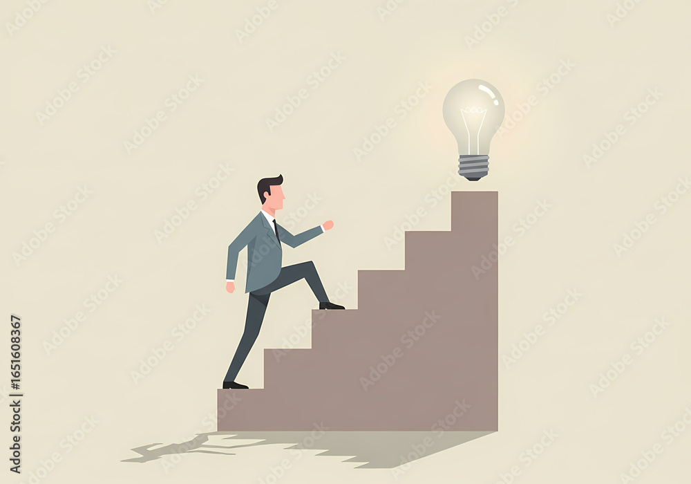Obraz premium Ascending to Innovation: A determined individual embarks on a climb, scaling a flight of steps towards the brilliance of a lightbulb. Career Growth Concept – Man Ascending Steps to Lightbulb Idea