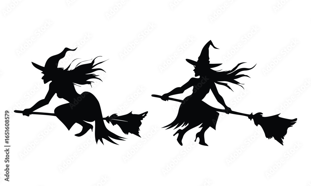Fototapeta premium Dynamic silhouette witches flying on broomsticks, capturing spooky Halloween magic and festive spirit for seasonal celebrations