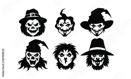 Spooky Halloween character heads set, featuring scary clowns and scarecrows with dark, menacing expressions, perfect for seasonal design.