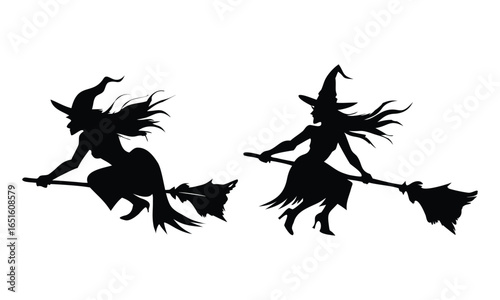 Dynamic silhouette witches flying on broomsticks, capturing spooky Halloween magic and festive spirit for seasonal celebrations