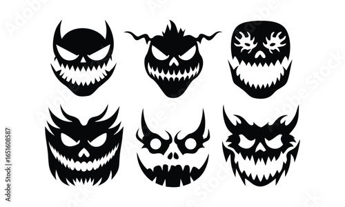 Spooky Halloween monster faces with sharp teeth and glowing eyes create eerie, frightening, and fun designs for festive celebrations