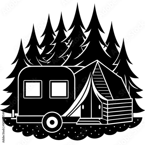 Black and white illustration of a campsite with a trailer and tent among pine trees camping caravan
