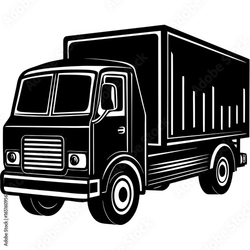 Black and white illustration of a delivery truck with a box trailer lorry freight