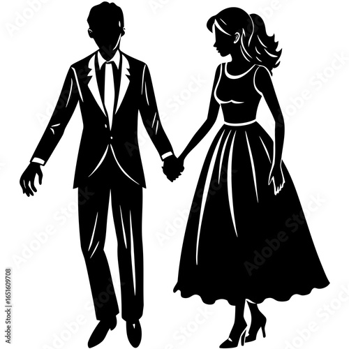 Silhouette of a formally dressed couple holding hands and walking together formal wear