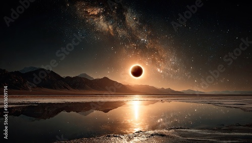 A total solar eclipse over a serene desert landscape, its reflection mirrored in a calm, icy body of water, set against a backdrop of a vibrant, star-studded Milky Way