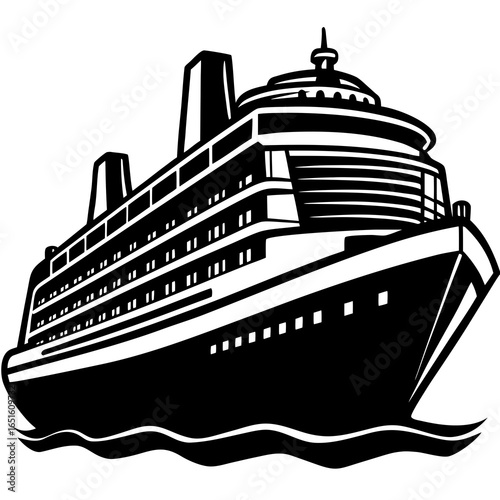 Black and White Illustration of a Cruise Ship Sailing on Water ocean liner passenger ship