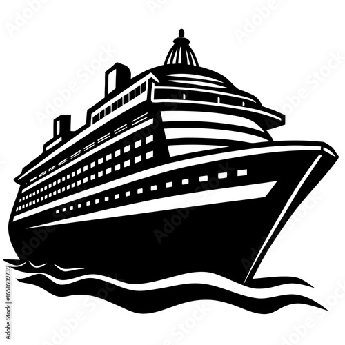 Black and White Drawing of a Cruise Ship Moving Through Waves ocean liner passenger ship